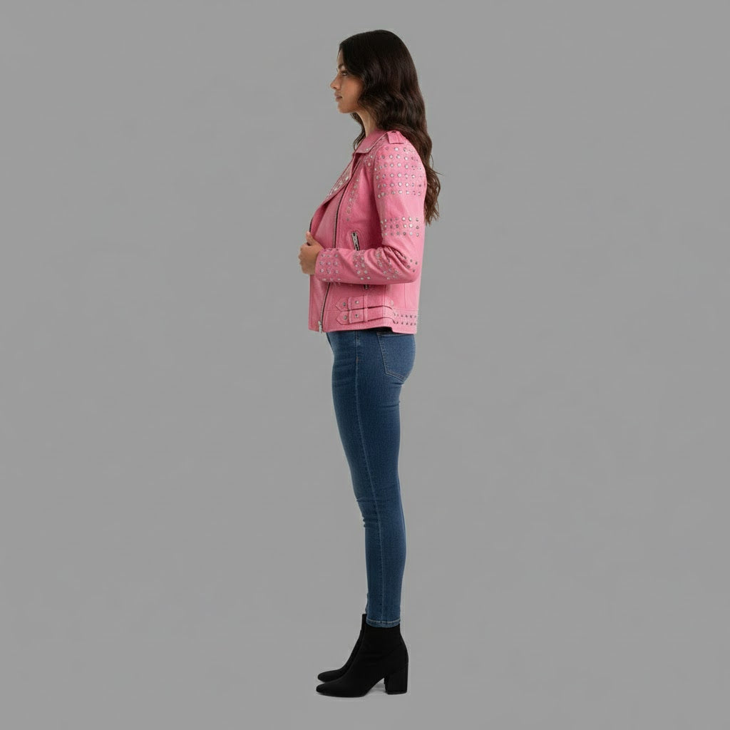 Women’s Pink Studded Leather Biker Jacket – Genuine Moto Jacket