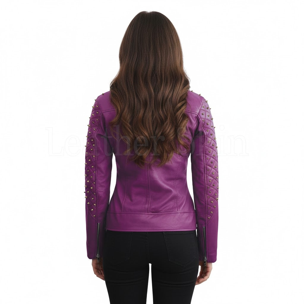 Royal Amethyst gesteppte Leder-Bikerjacke – Lila Moto mit goldener Hardware