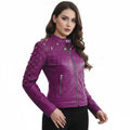 Royal Amethyst gesteppte Leder-Bikerjacke – Lila Moto mit goldener Hardware