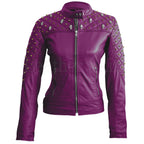 Royal Amethyst gesteppte Leder-Bikerjacke – Lila Moto mit goldener Hardware