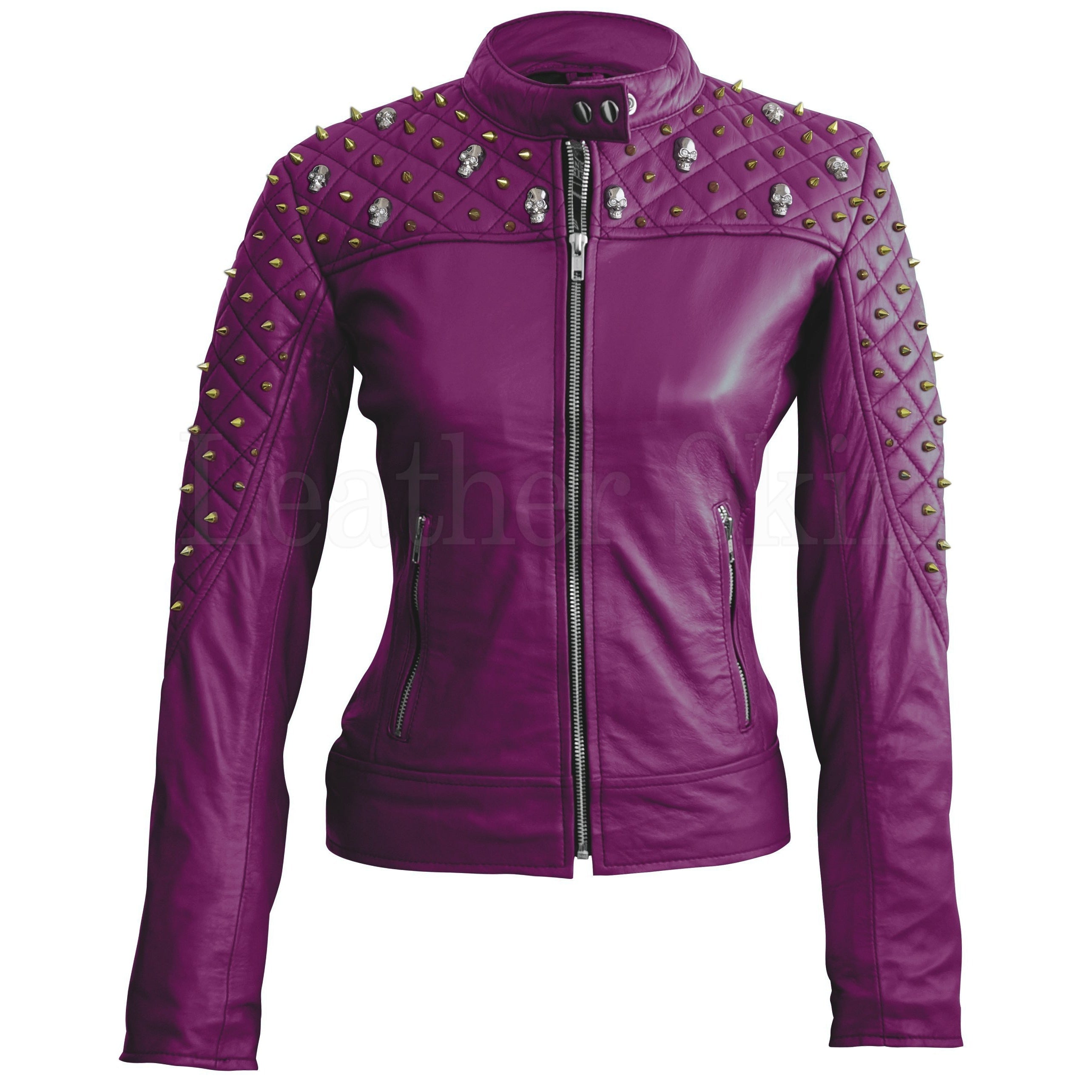 Royal Amethyst gesteppte Leder-Bikerjacke – Lila Moto mit goldener Hardware