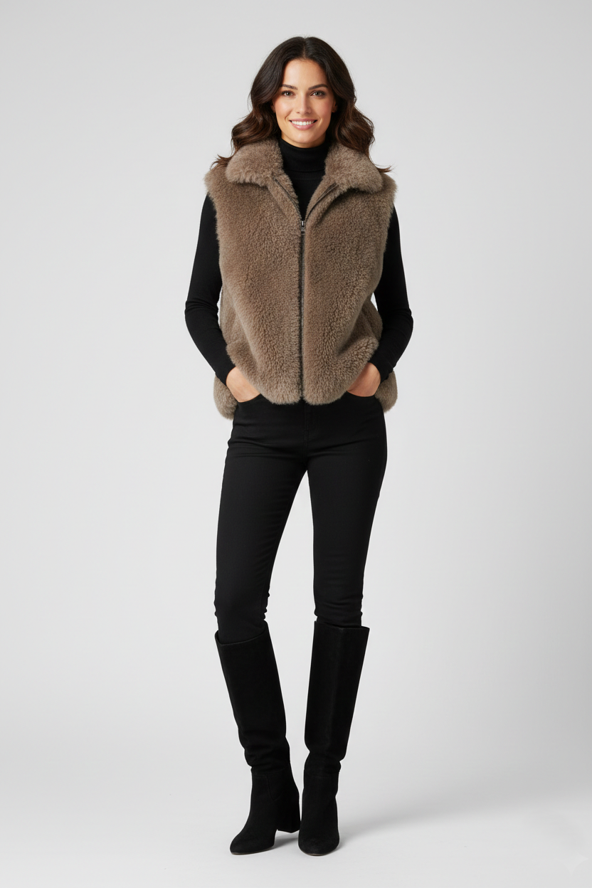 Women's Beige Shearling Fur Vest