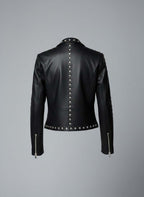 Damen Schwarze Nieten-Leder-Bikerjacke – Echte Motorradjacke mit silbernen Nieten