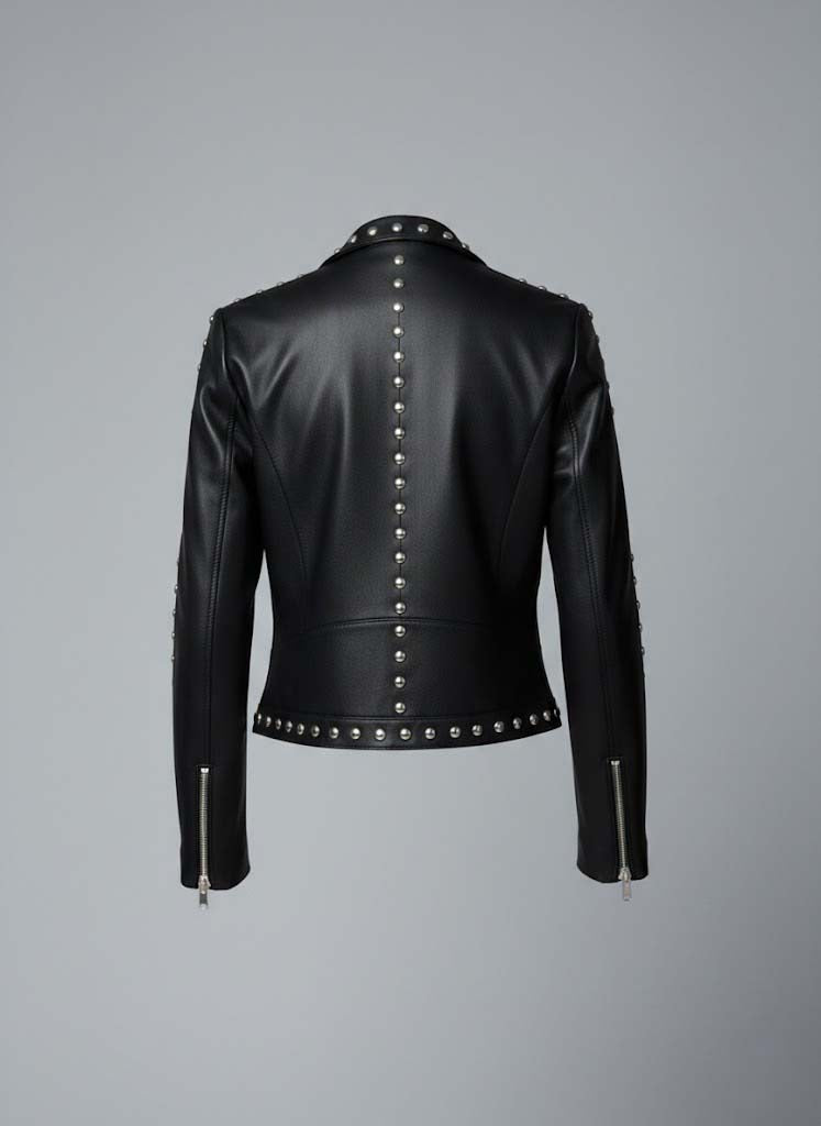 Damen Schwarze Nieten-Leder-Bikerjacke – Echte Motorradjacke mit silbernen Nieten