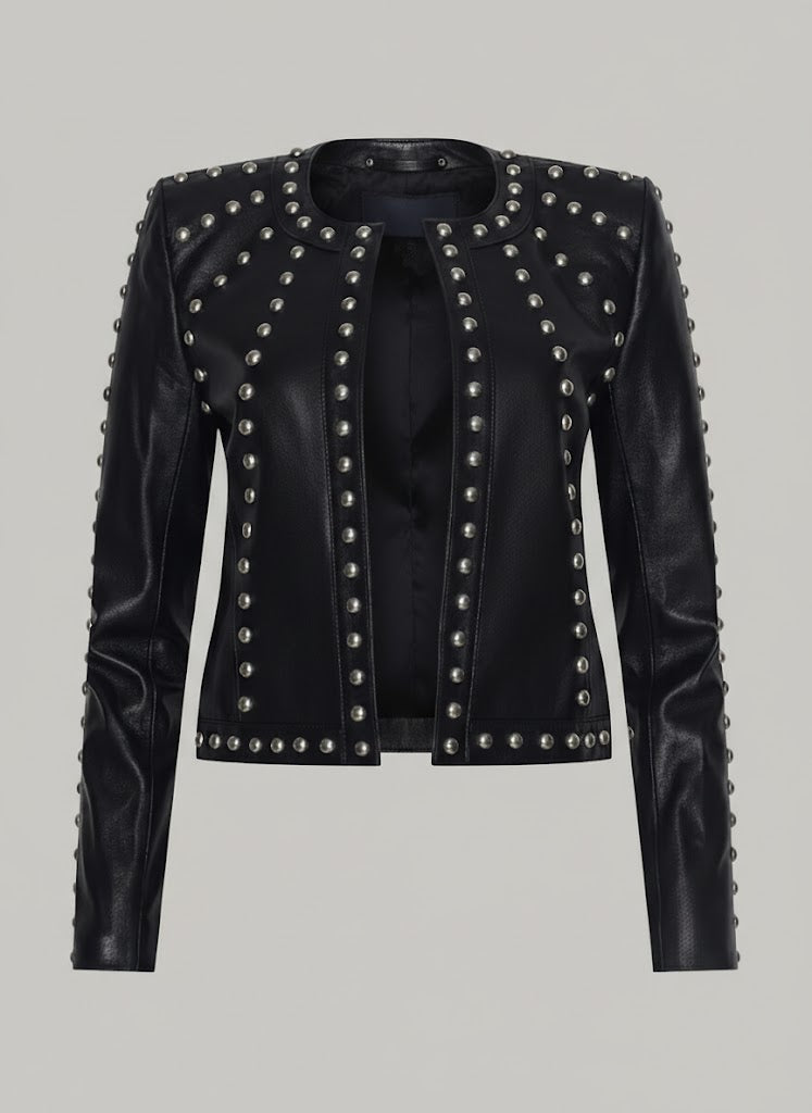 Damen Schwarze Nieten-Leder-Bikerjacke – Echte Motorradjacke mit silbernen Nieten
