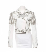 Load image into Gallery viewer, Women’s Black Cropped Leather Jacket – Gold Studded Moto Style
