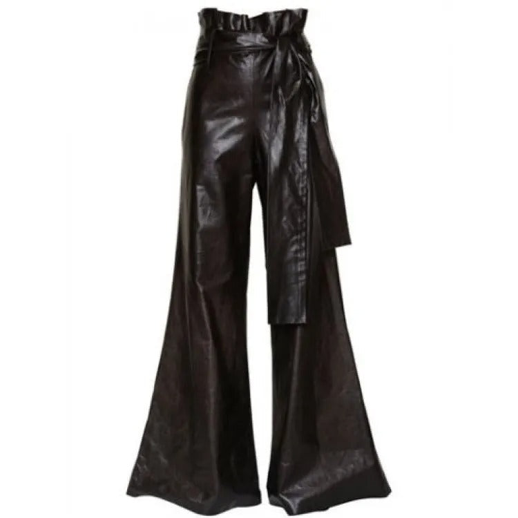 Vintage Chic Schwarze Lederhose mit weitem Bein
