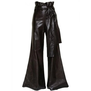 Vintage Chic Black Wide-Leg Leather Trousers