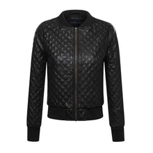 Load image into Gallery viewer, Womens Black Genuine  Leather Quilted Bomber Jacket Leather Outlet
