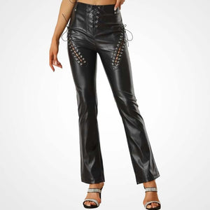 Women’s Black Lambskin Leather Lace-Up Biker Pants