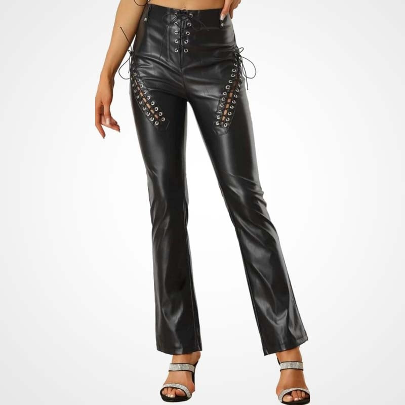 Women’s Black Lambskin Leather Lace-Up Biker Pants