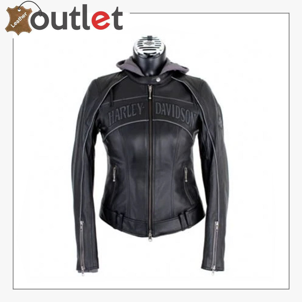 Womens H D Hooded Leather Jacket