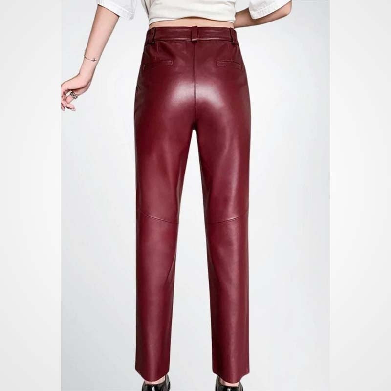Women’s Maroon Lambskin Leather Pencil Pants