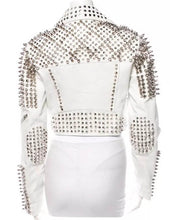 Load image into Gallery viewer, Women’s Black Cropped Leather Jacket – Gold Studded Moto Style
