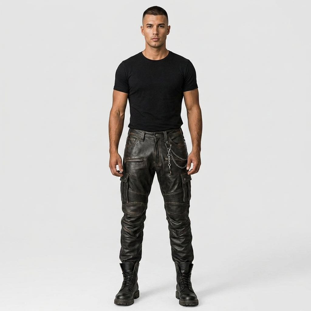 Men’s Black Sheepskin Leather Cargo Pants – Biker Style Leather Trousers