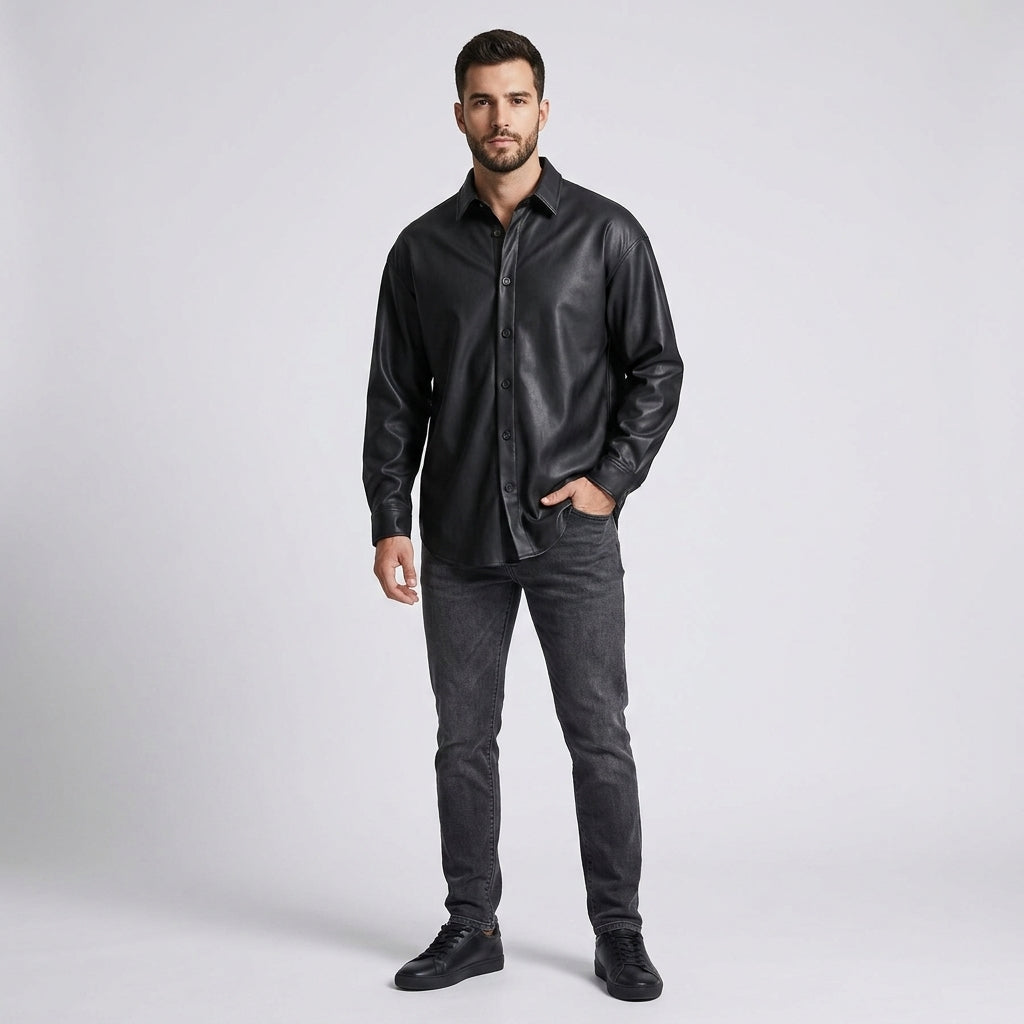Men’s Genuine Lambskin Leather Shirt – Premium Slim Fit Leather Shirt