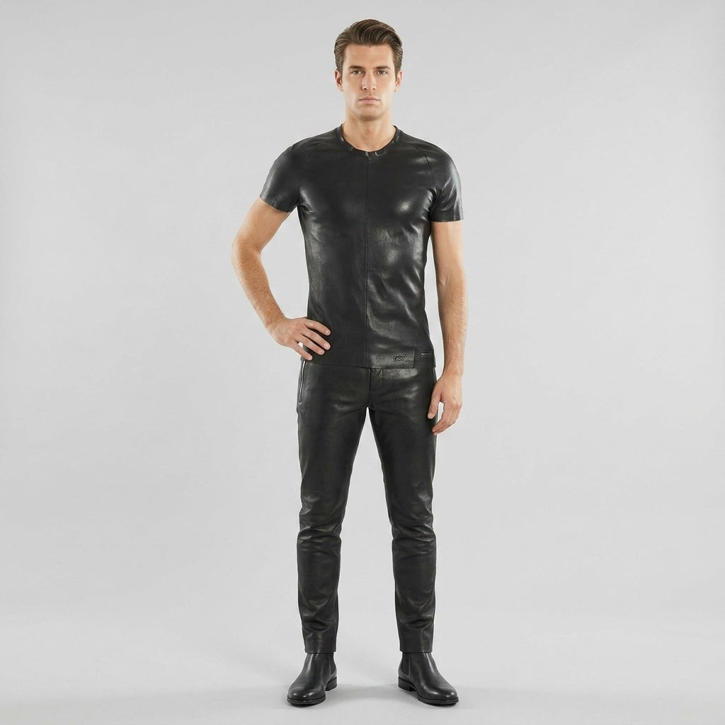 Men’s Premium Lambskin Leather T-Shirt – Luxury Slim Fit Leather Tee