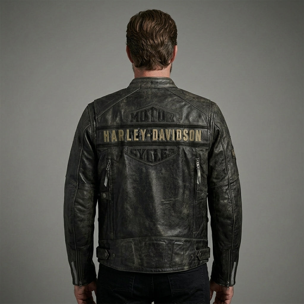 Men’s Distressed Leather Biker Jacket – Harely Davidson Vintage Racing Moto Style