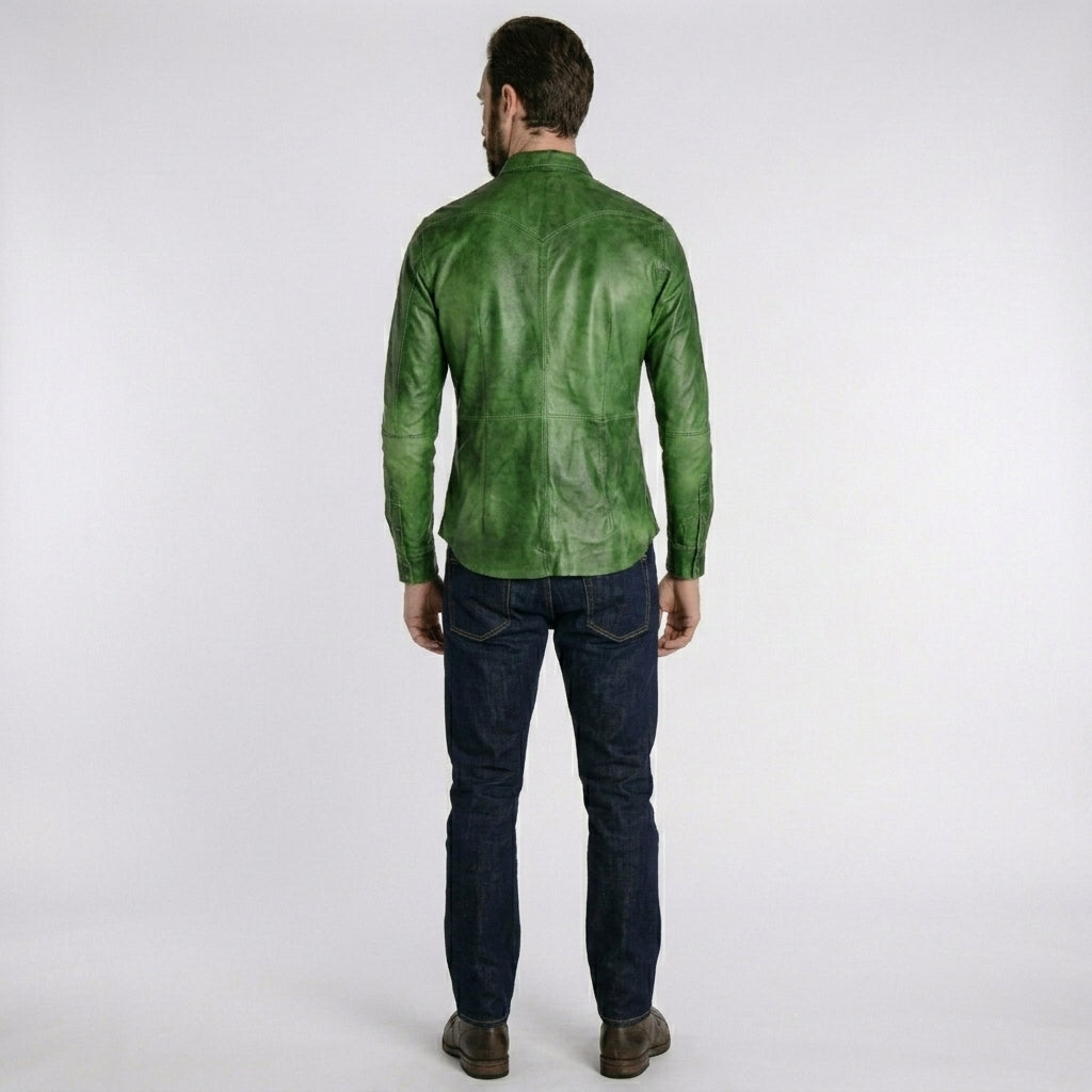 Men’s Green Napa Lamb Leather Biker Shirt – Premium Slim Fit Leather Shirt Jacket