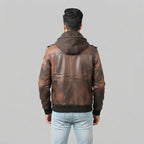 Men's Brown Leather Hooded Jacket