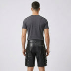 Men’s Black Leather Cargo Utility Shorts – Premium Biker Streetwear Shorts