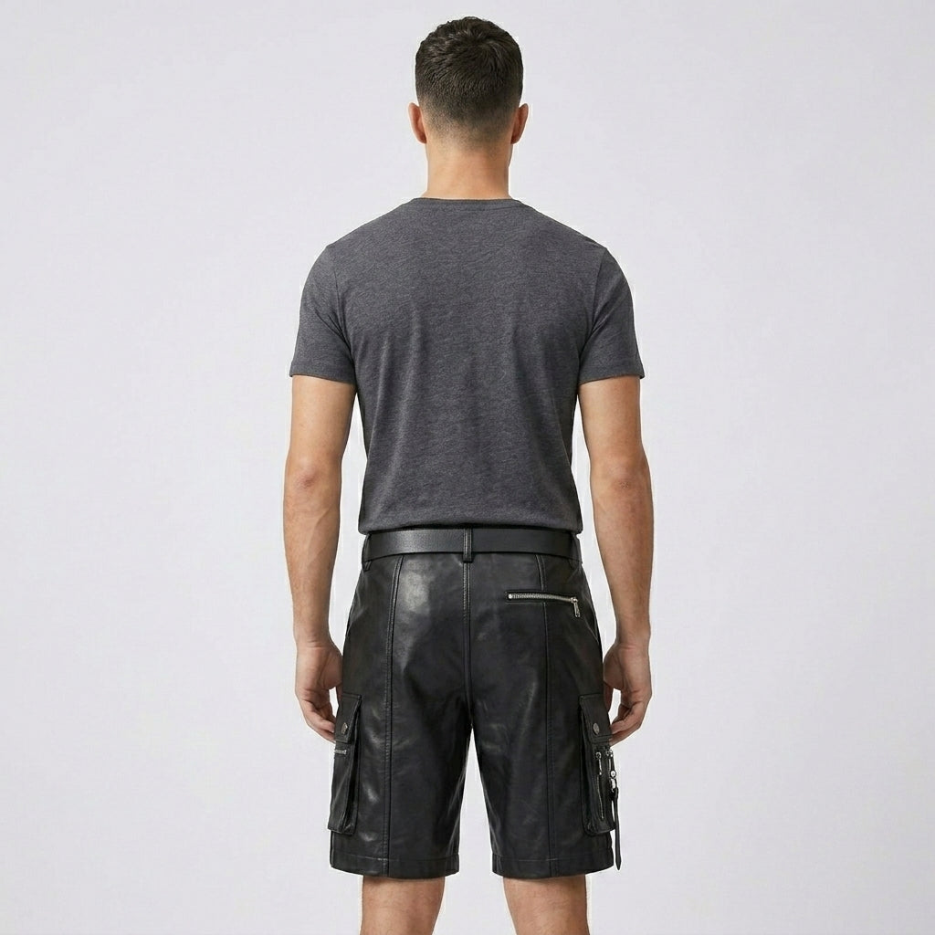 Men’s Black Leather Cargo Utility Shorts – Premium Biker Streetwear Shorts