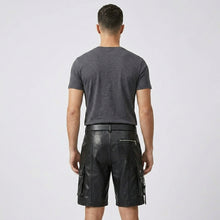 Load image into Gallery viewer, Men’s Black Leather Cargo Utility Shorts – Premium Biker Streetwear Shorts
