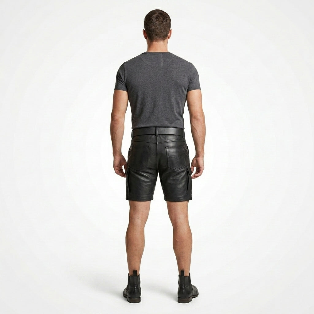 Men’s Leather Cargo Shorts – Utility Biker Streetwear Shorts