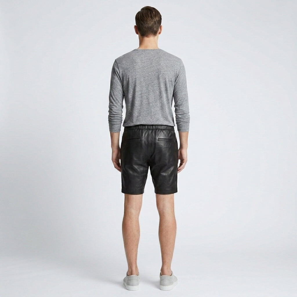 Men’s Matte Black Leather Shorts with Elastic Waistband