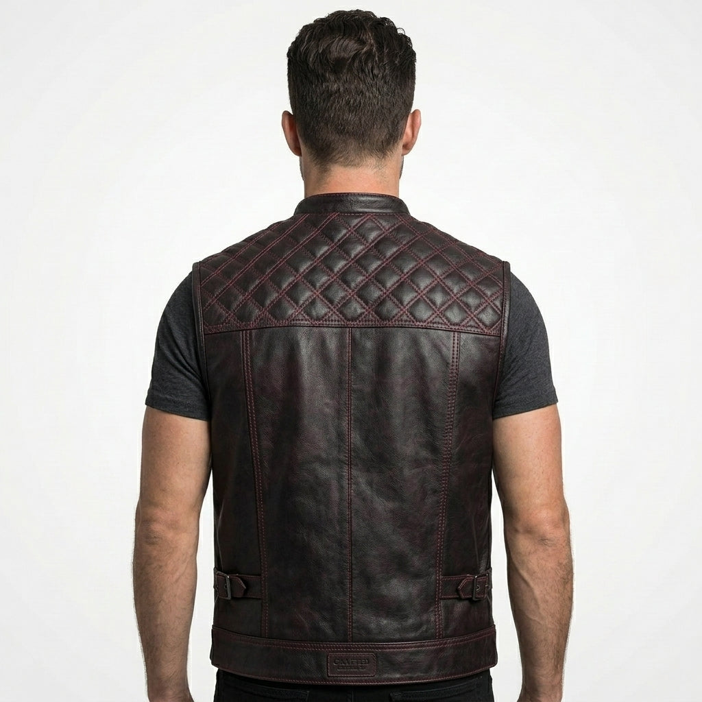 Men’s Leather Motorcycle Vest with Diamond Stitch – Biker Riding Vest
