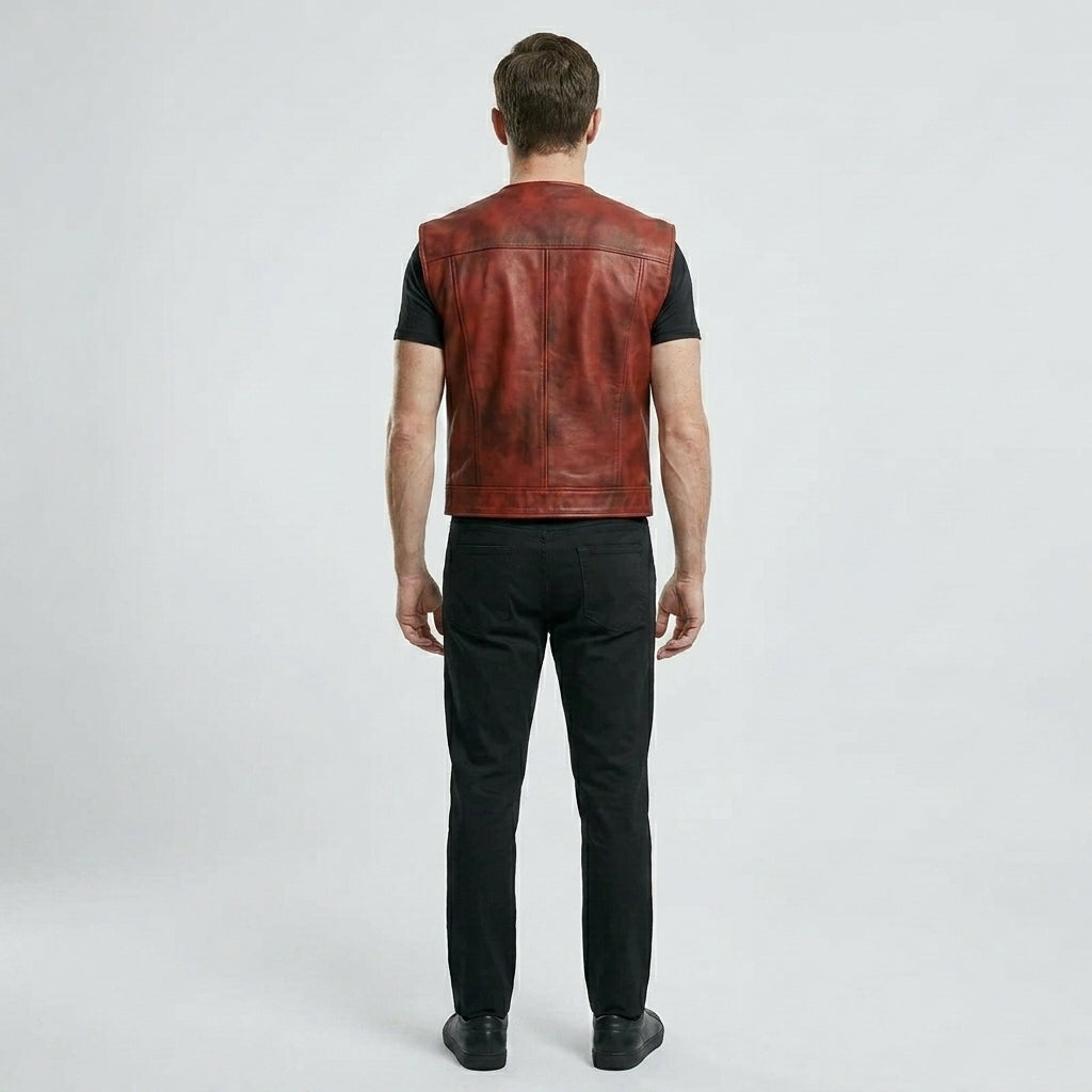 Men’s Vintage Red Leather Biker Vest – Classic Motorcycle Riding Vest