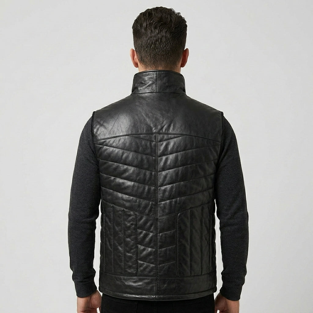Men’s Black Quilted Leather Puffer Vest – Insulated Biker Vest