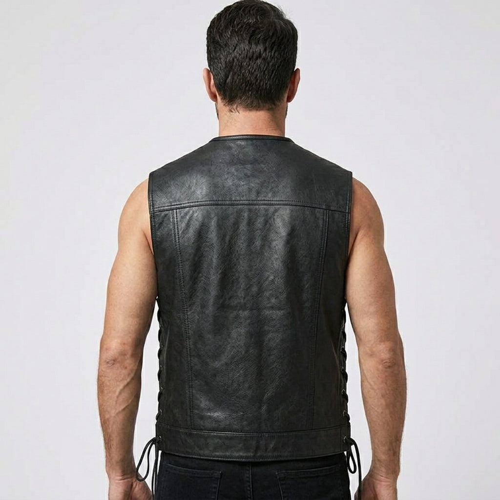 Men’s Black Sheepskin Leather Biker Vest – Premium Motorcycle Vest