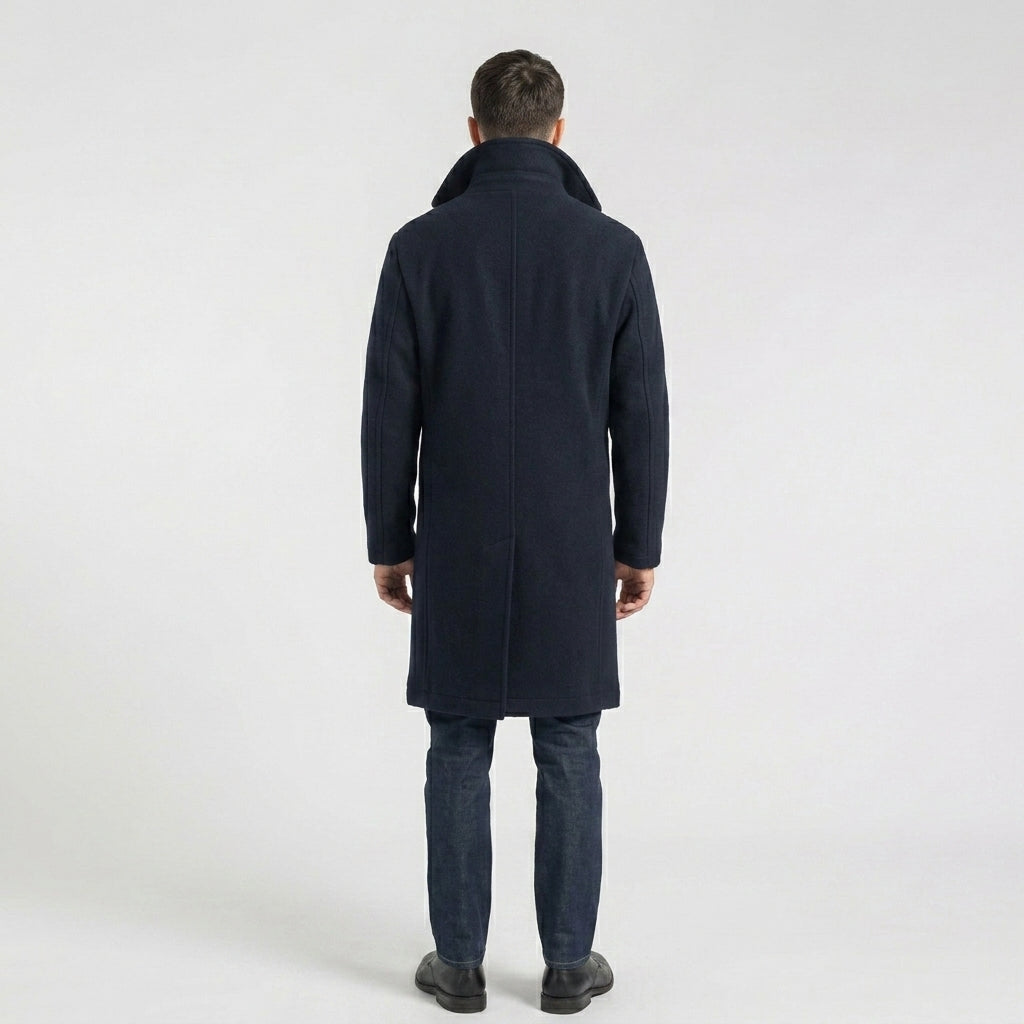 Men’s Dark Blue Fleece Peacoat – Classic Double Breasted Winter Coat