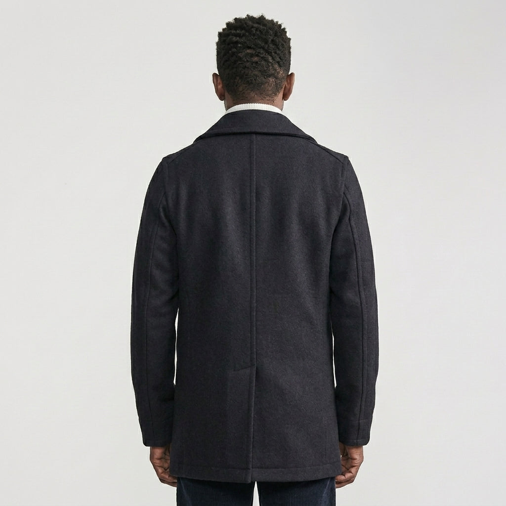 Men’s Dark Navy Fleece Peacoat – Classic Double Breasted Winter Coat