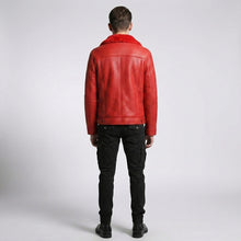 Load image into Gallery viewer, Men’s Red Shearling Leather Trucker Jacket – Winter Sherpa Lined Coat
