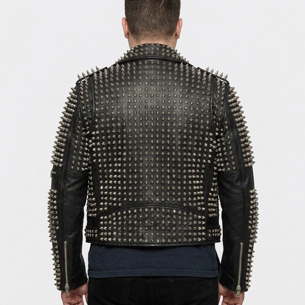 Men's Punk Metal Button Studded Leather Jacket