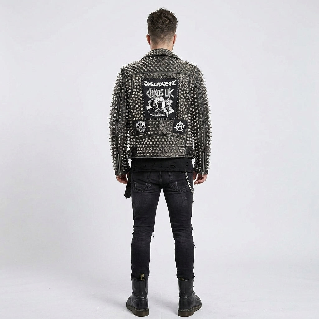Men's Punk Metal Button Studded Leather Jacket