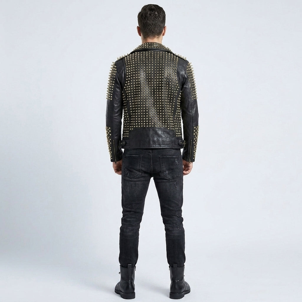 Men's Gold Studded Leather Biker Jacket In Black