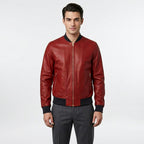 Men’s Red Lambskin Leather Bomber Jacket – Slim Fit Fashion Aviator Coat