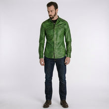 Load image into Gallery viewer, Men’s Green Napa Lamb Leather Biker Shirt – Premium Slim Fit Leather Shirt Jacket
