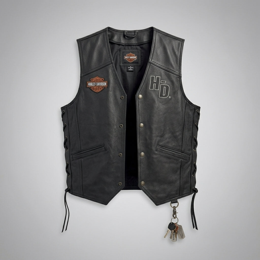 Herren Harley-Style Bikerweste aus echtem Leder – Club Cut mit Druckknöpfen