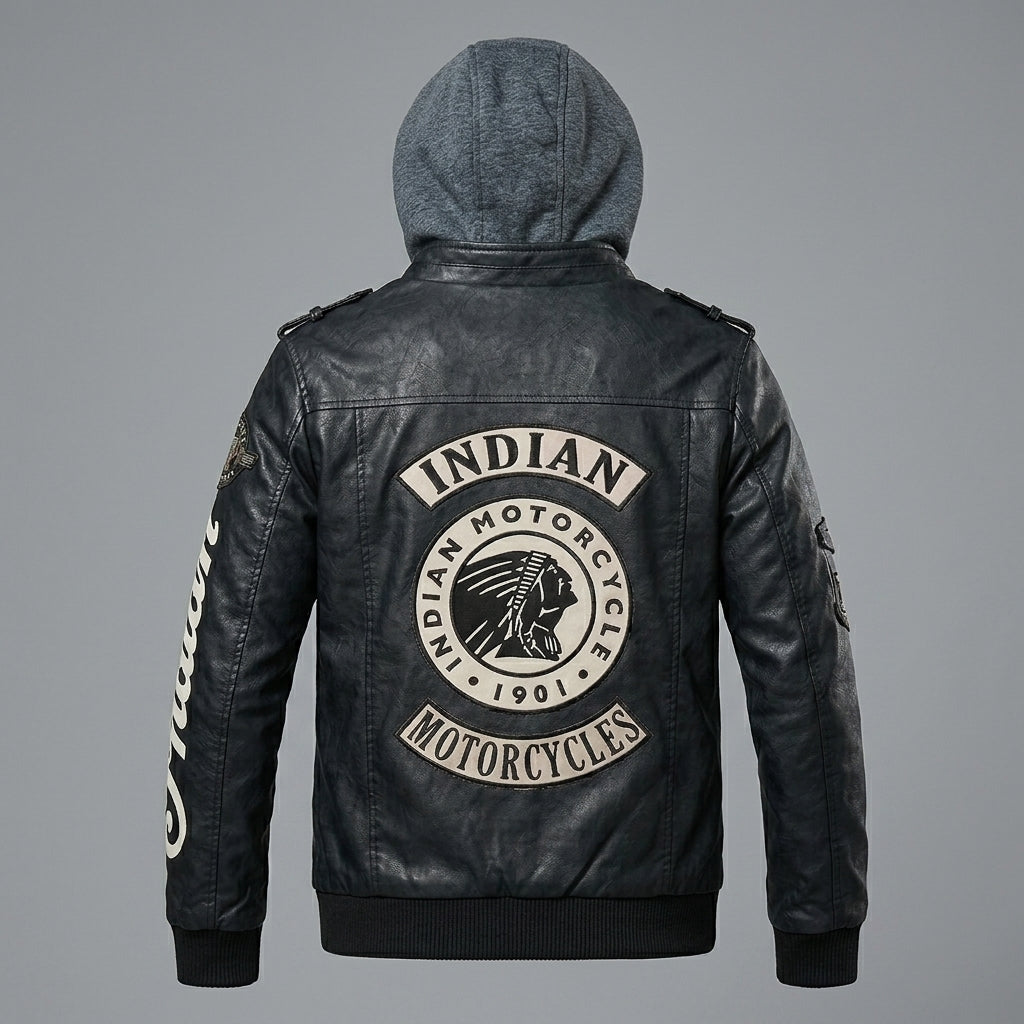 Herren Bikerjacke im Indianer-Stil aus Leder – Kapuzen-Lederbomberjacke