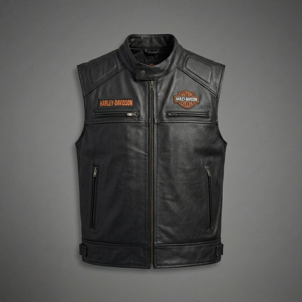Herren Harley-Style Leder-Roadster-Weste – Premium Schwarzes Narbenleder