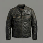Men’s Distressed Leather Biker Jacket – Harely Davidson Vintage Racing Moto Style