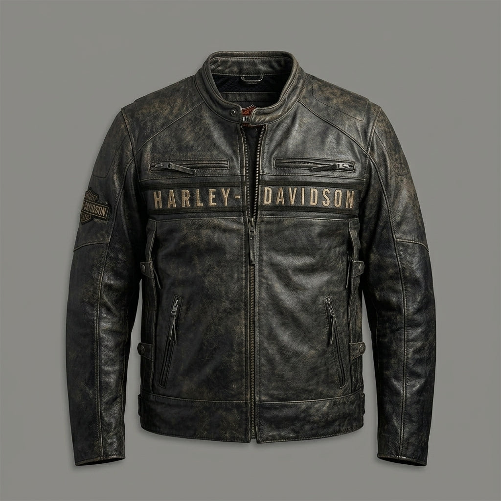 Men’s Distressed Leather Biker Jacket – Harely Davidson Vintage Racing Moto Style