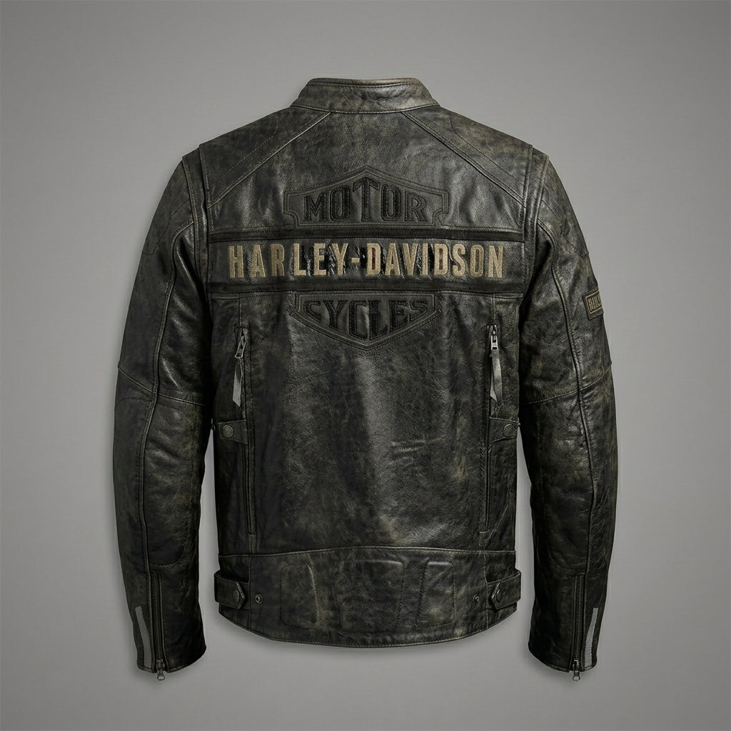 Men’s Distressed Leather Biker Jacket – Harely Davidson Vintage Racing Moto Style