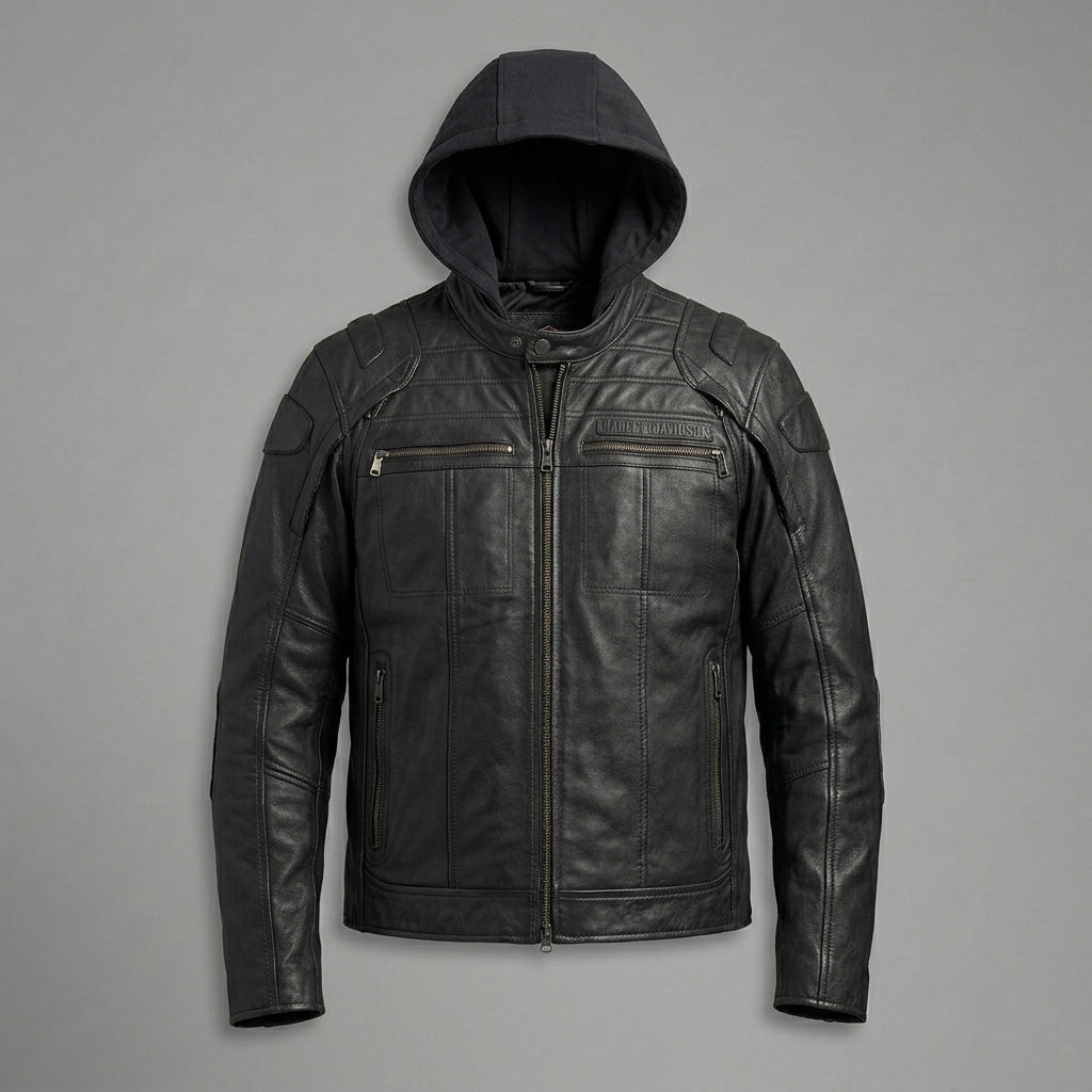 Herren Hybrid Leder Hoodie Jacke – Harley-Style Kapuzen-Motorradbomber