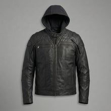 Laden Sie das Bild in den Galerie-Viewer, Herren Hybrid Leder Hoodie Jacke – Harley-Style Kapuzen-Motorradbomber
