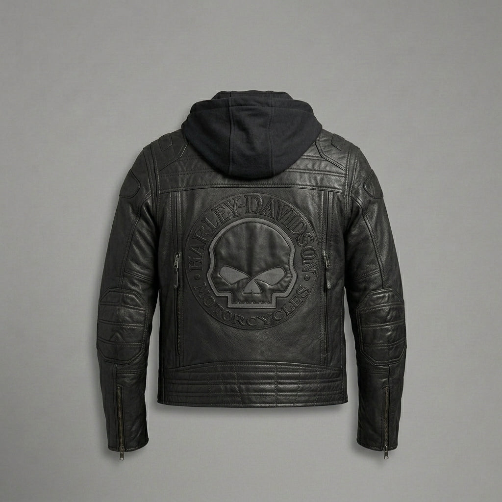 Herren Hybrid Leder Hoodie Jacke – Harley-Style Kapuzen-Motorradbomber
